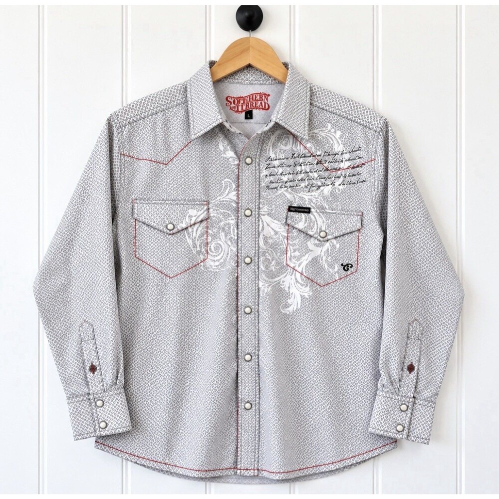 Southern Thread Men's L Western Pearl Snap Shirt Gray White Urban Cowboy Rodeo